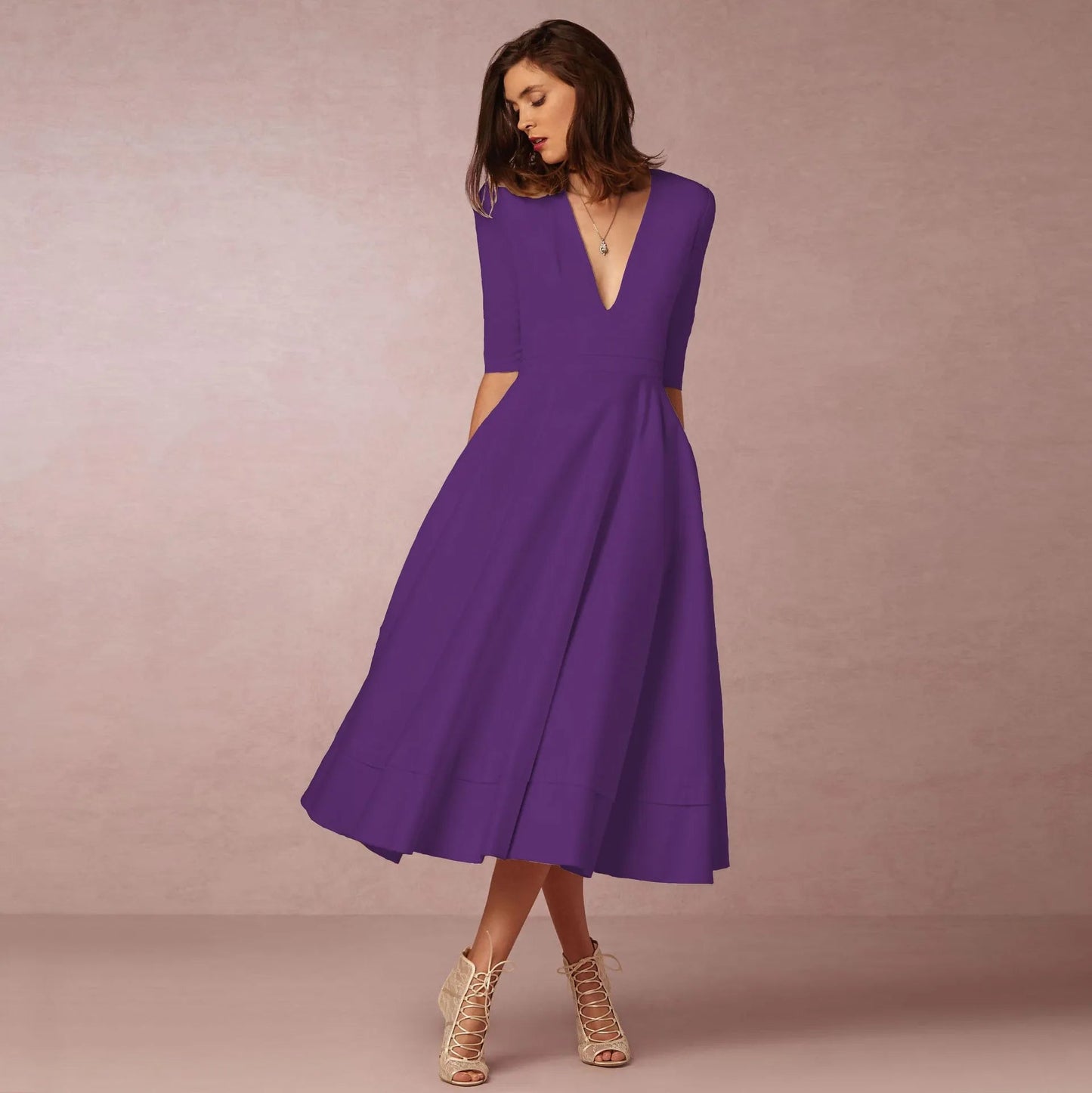 Roryna | Damen Hochzeitsgast Kleid mit V-Ausschnitt und Kurzen Ärmeln | Midi 8