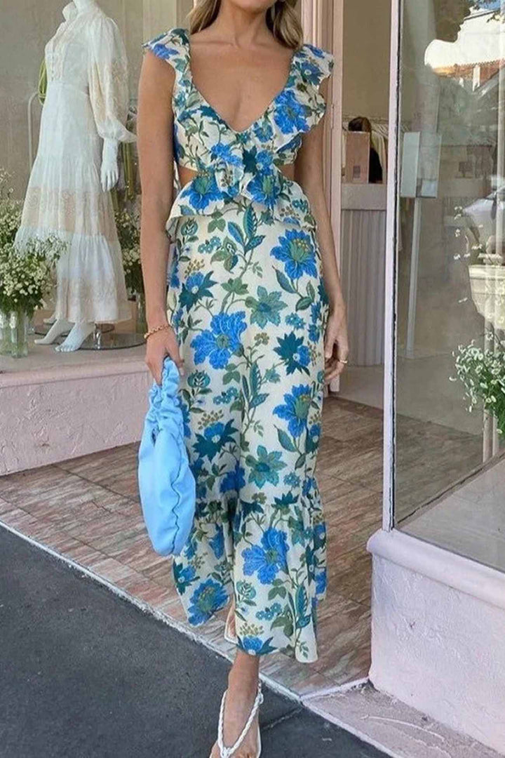 Damen Maxikleid | Florales Design und Rüschenträger | Eleganter Sommerstil