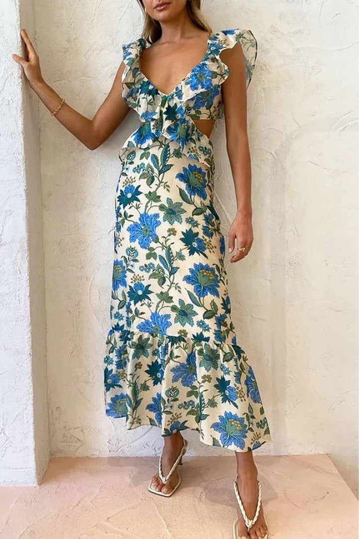 Damen Maxikleid | Florales Design und Rüschenträger | Eleganter Sommerstil