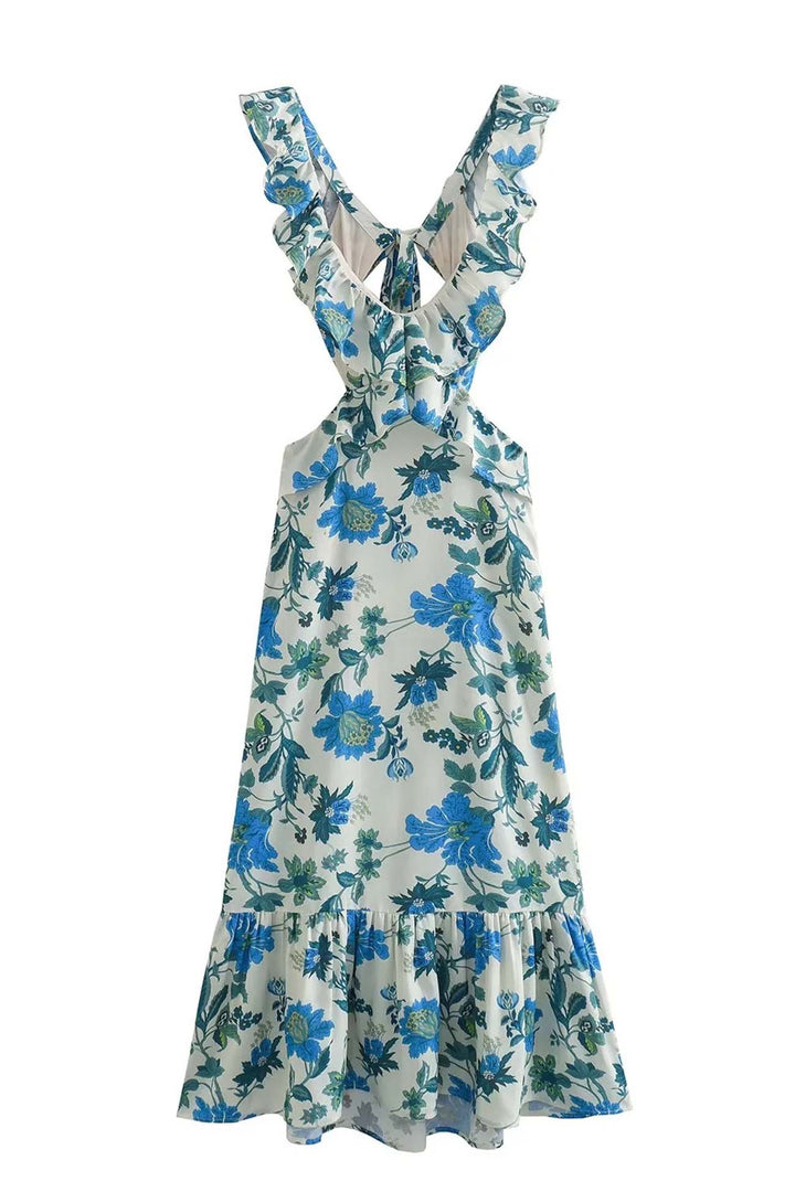 Damen Maxikleid | Florales Design und Rüschenträger | Eleganter Sommerstil