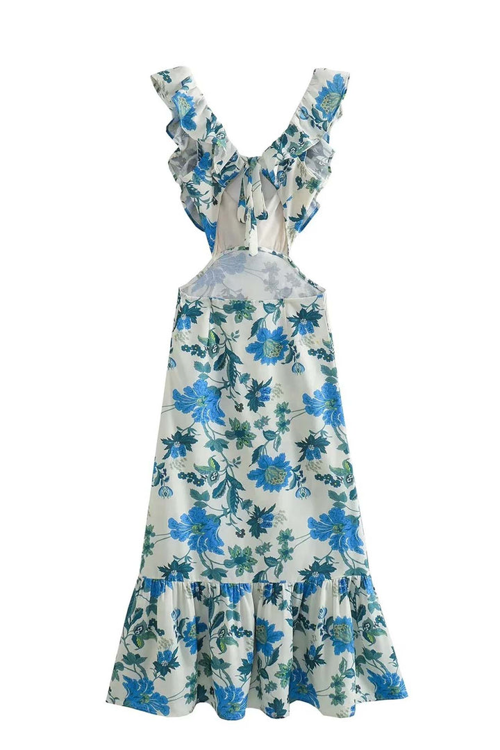 Damen Maxikleid | Florales Design und Rüschenträger | Eleganter Sommerstil