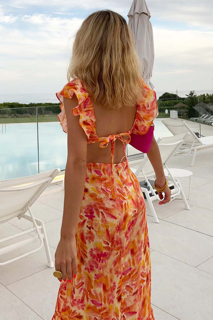 Damen Maxikleid | Florales Design und Rüschenträger | Eleganter Sommerstil