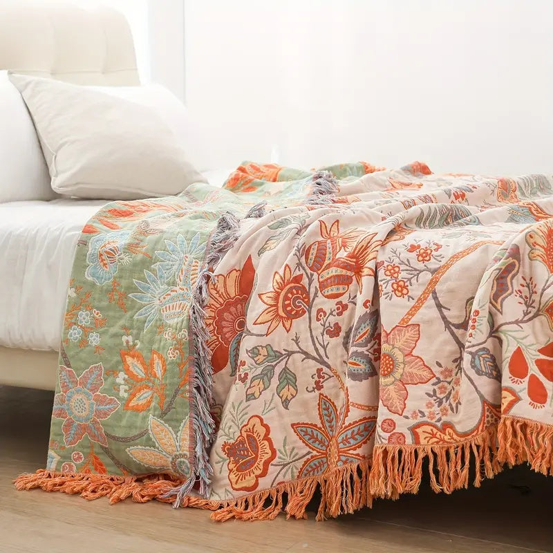 Rustikale Boho-Decke mit Blumenmuster | 100 % Baumwolle 1