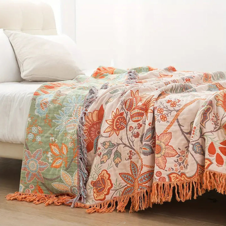 Rustikale Boho-Decke mit Blumenmuster | 100 % Baumwolle 1