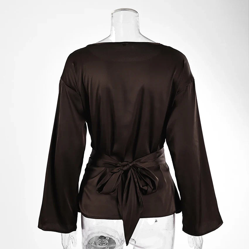 Damen Langarm Bluse Hemd mit geraffter Wickeltaille Rundhalsausschnitt Pullover Passform | Einfarbig
