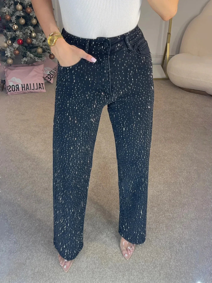 Damen High Waist Hose mit weitem Bein und Strassdetails | Ausgestellte Passform