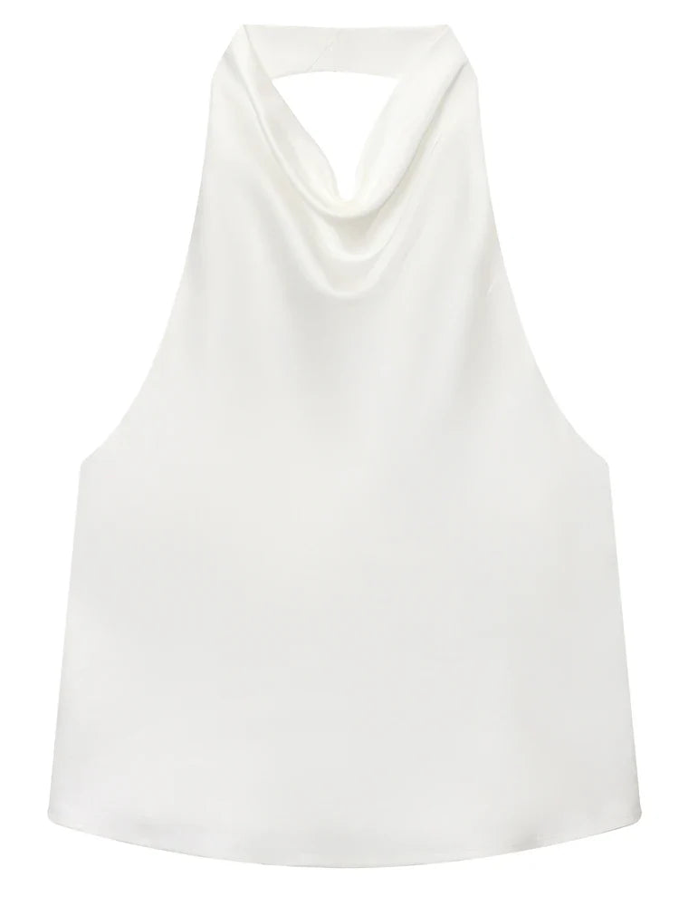 Damen ärmelloses Top mit Halterneck drapierter Vorderseite | Halter