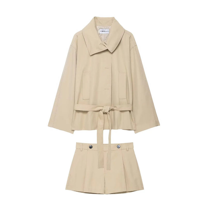Damen zweiteiliges Set mit oversized Wickeljacke mit Gürtel und Shorts | Langarm
