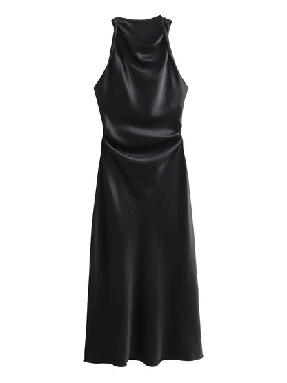 Abito donna senza maniche con scollo rotondo e vita arricciata | Midi
