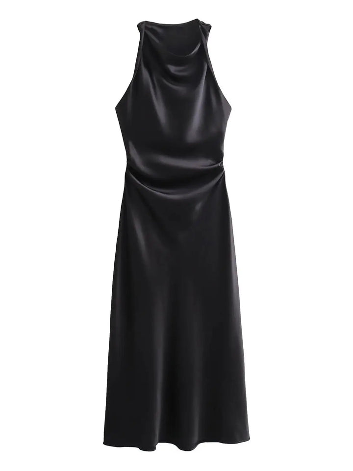 Damen Kleid Ärmellos Rundhals Geraffte Taille Kleid | Midi