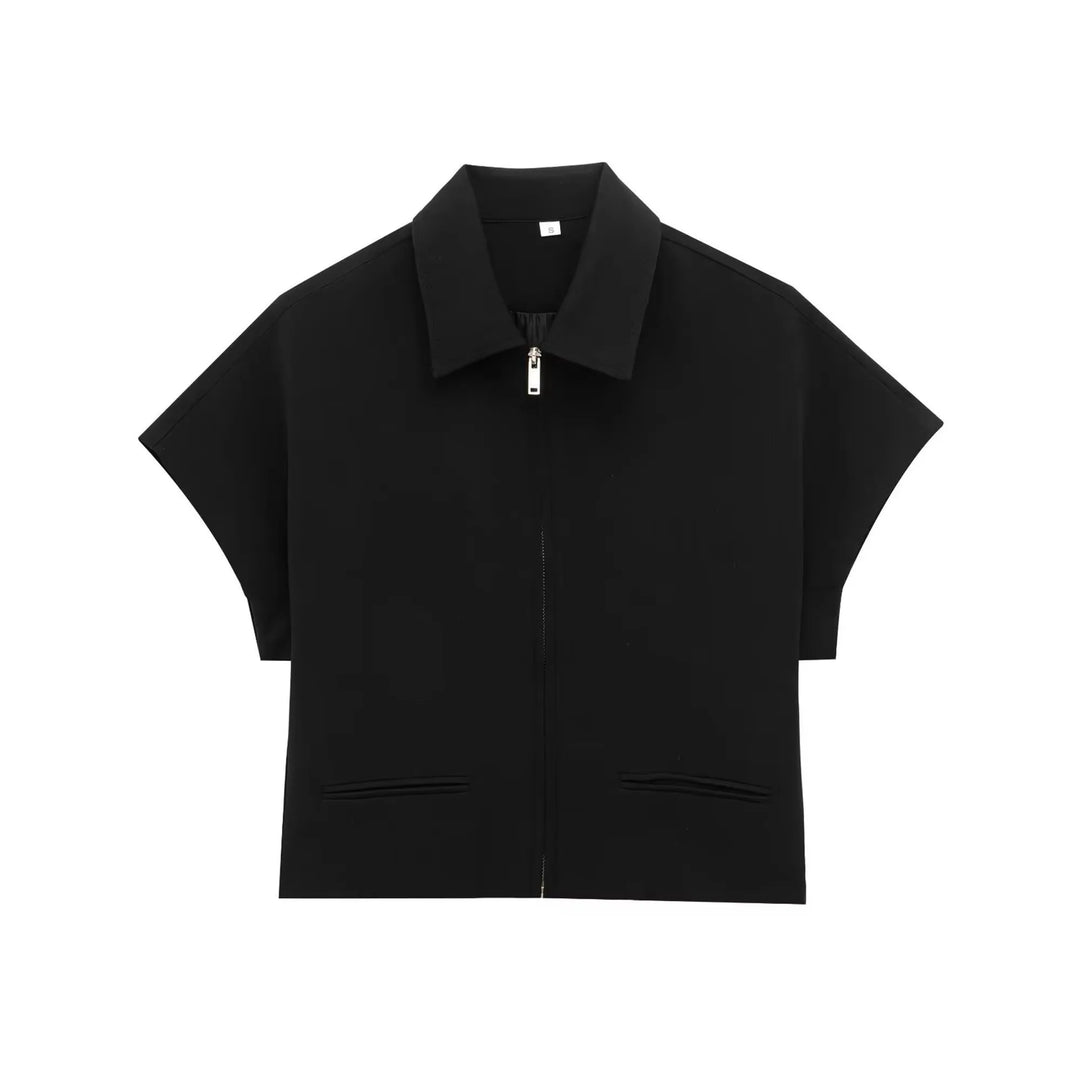 Damen zweiteiliges Set mit Oberteil mit Kragen und Reißverschluss vorne und Hose mit weitem Bein | Minimal Style