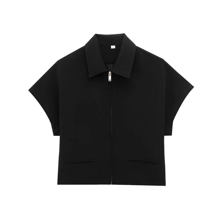 Damen zweiteiliges Set mit Oberteil mit Kragen und Reißverschluss vorne und Hose mit weitem Bein | Minimal Style
