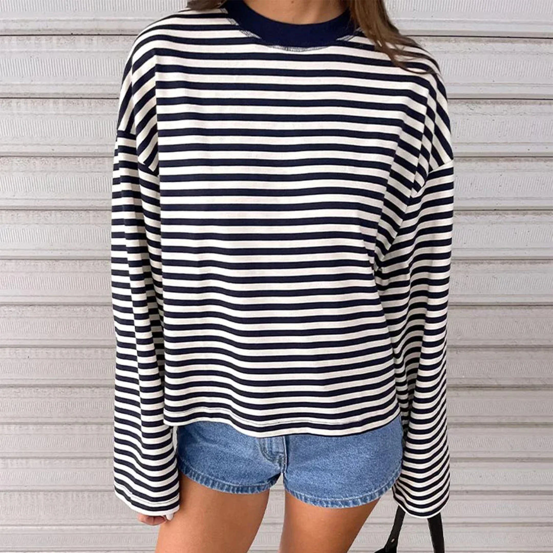 Sweat-shirt oversize à rayures pour femme, manches longues, col rond | Rayures