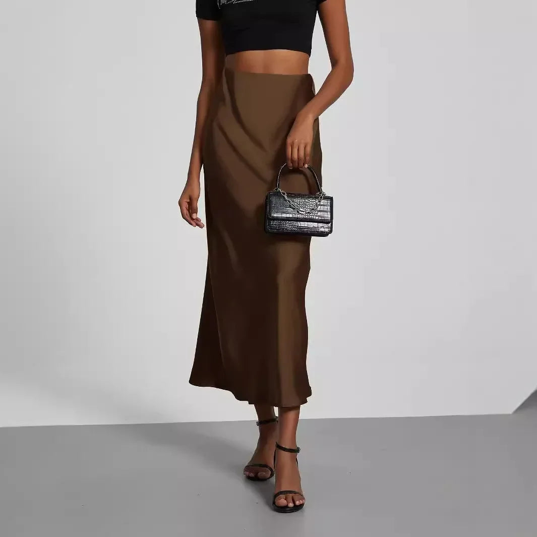 Damen High Waist Satinlook Rock Mit Schrägschnitt Ausgestellter Passform | Midi