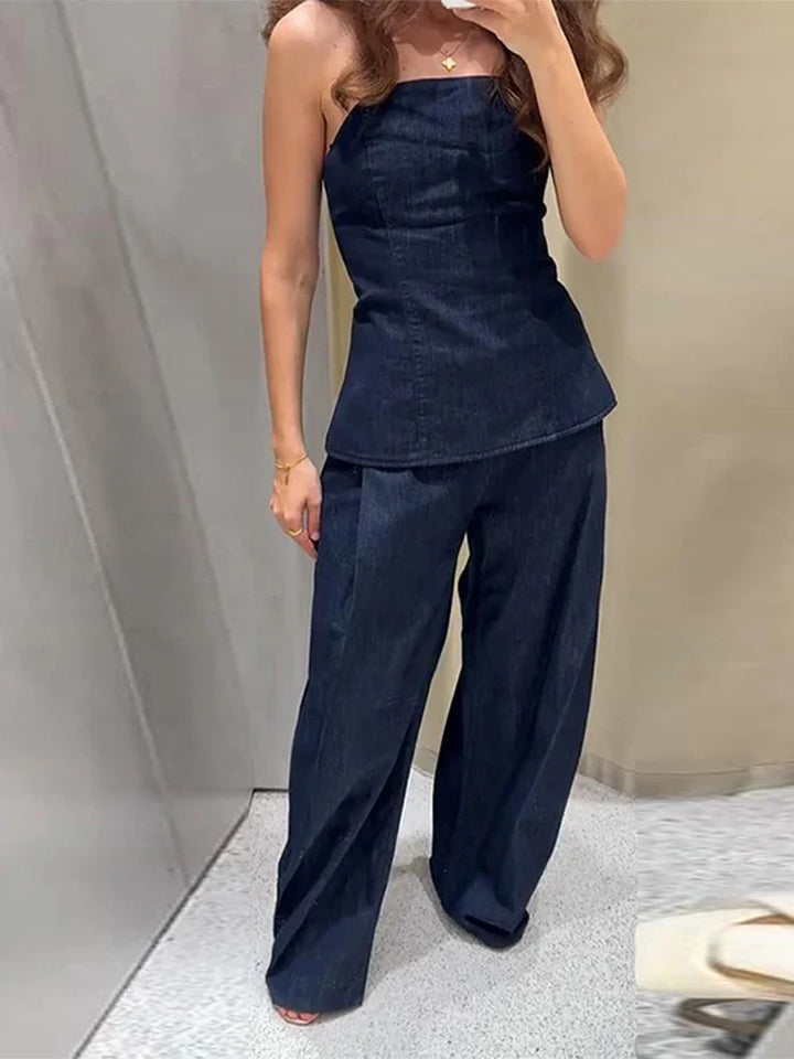 Damen Zweiteiler Set | Regular Fit Set | Bandeau Peplum Top und Weite Hose | Moderner Minimalistischer Stil