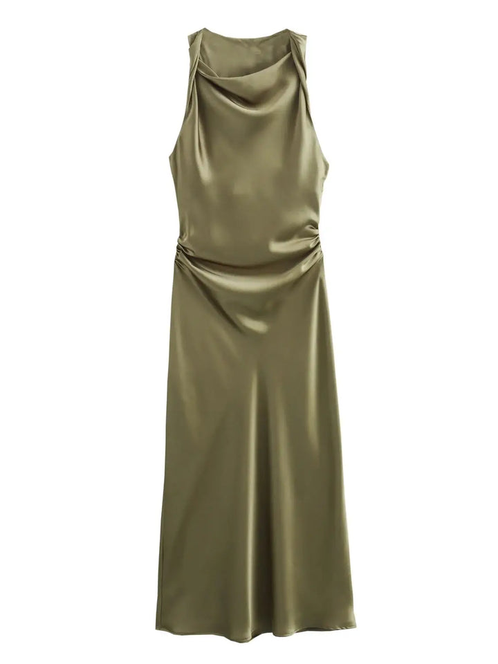 Damen Kleid Ärmellos Rundhals Geraffte Taille Kleid | Midi