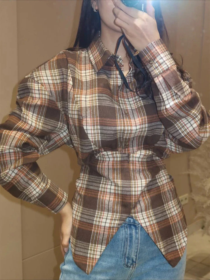 Damen Langarm Hemd mit Twist Taille Karomuster Knopfleiste | Langarm