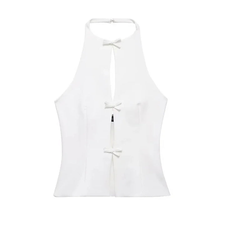 Damen zweiteiliges Set mit ärmellosem Neckholder Top mit Bindung vorne und Minirock | Rückenfreies Design