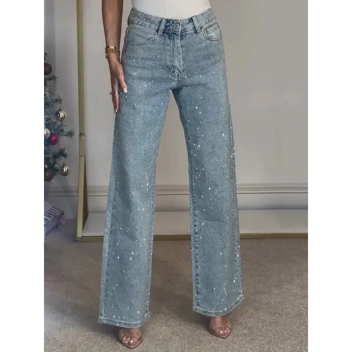 Damen High Waist Hose mit weitem Bein und Strassdetails | Ausgestellte Passform