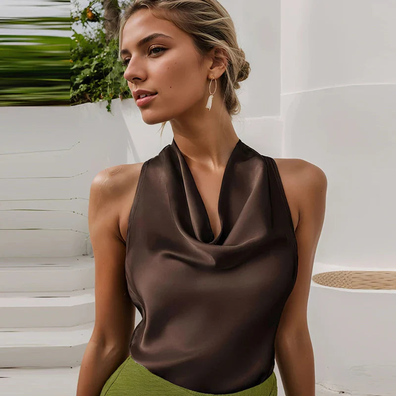 Damen ärmelloses Top mit Halterneck drapierter Vorderseite | Halter