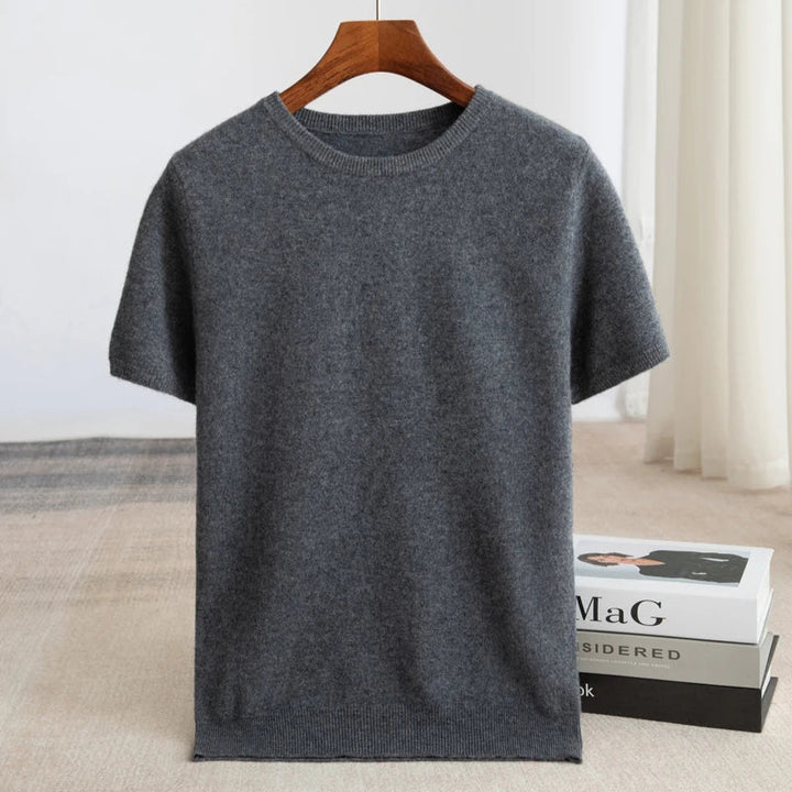 Herren Kurzarm Strick Pullover T Shirt mit Rundhalsausschnitt geripptem Saum | Minimalistisch