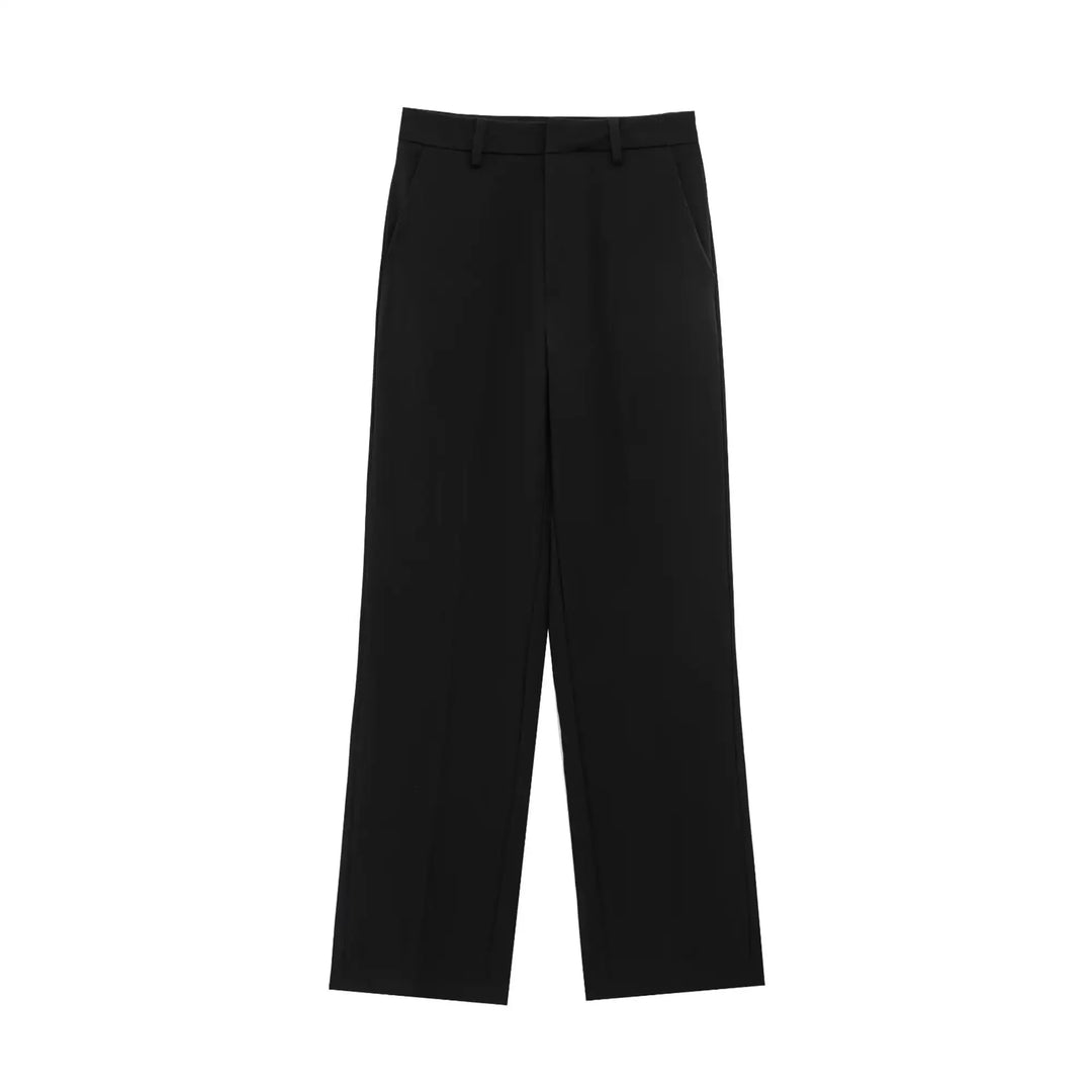 Damen zweiteiliges Set mit Oberteil mit Kragen und Reißverschluss vorne und Hose mit weitem Bein | Minimal Style