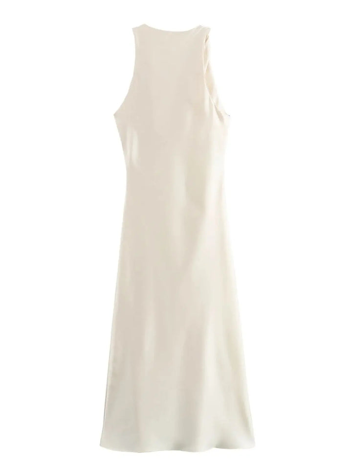 Damen Kleid Ärmellos Rundhals Geraffte Taille Kleid | Midi