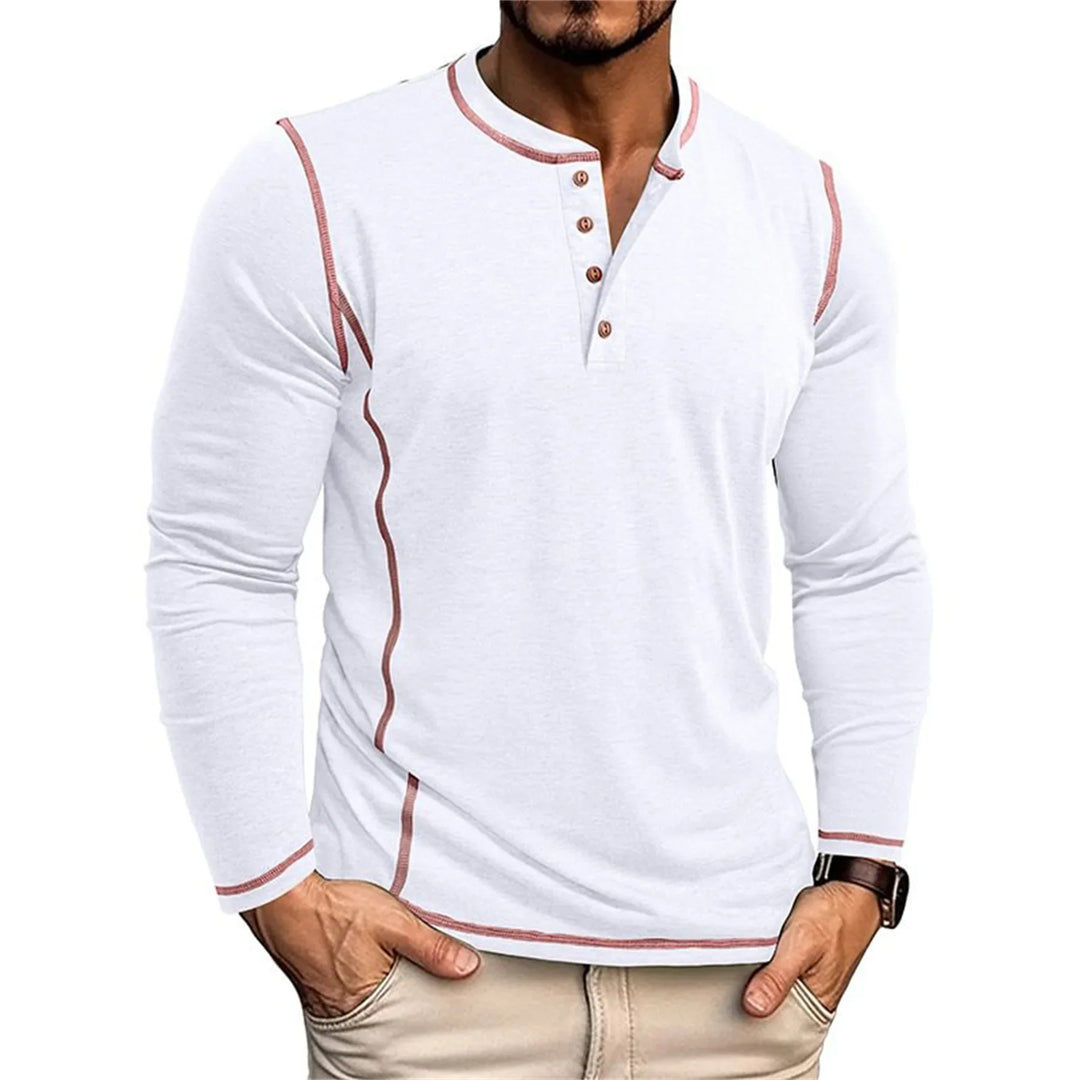 Herren Langarm Henley Shirt mit Knopfausschnitt Kontrastnähten | Freizeit