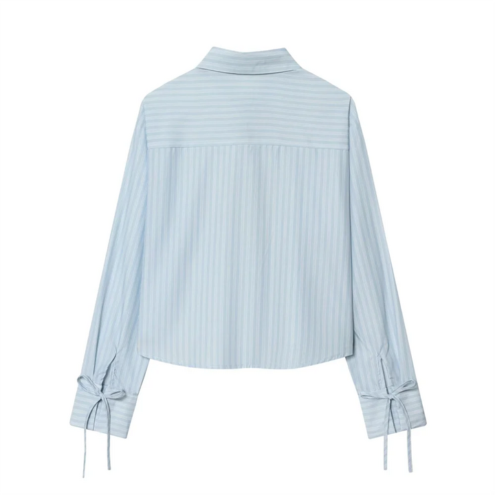 Damen Langarm Schnürung Vorne Schleife Kragen Crop Shirt | Casual