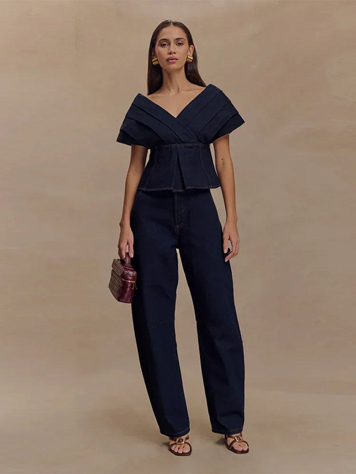 Damen Zweiteiler | Schulterfreies Peplum-Top und Hose mit Geradem Bein | Eleganter Moderner Stil