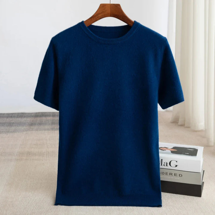 Herren Kurzarm Strick Pullover T Shirt mit Rundhalsausschnitt geripptem Saum | Minimalistisch
