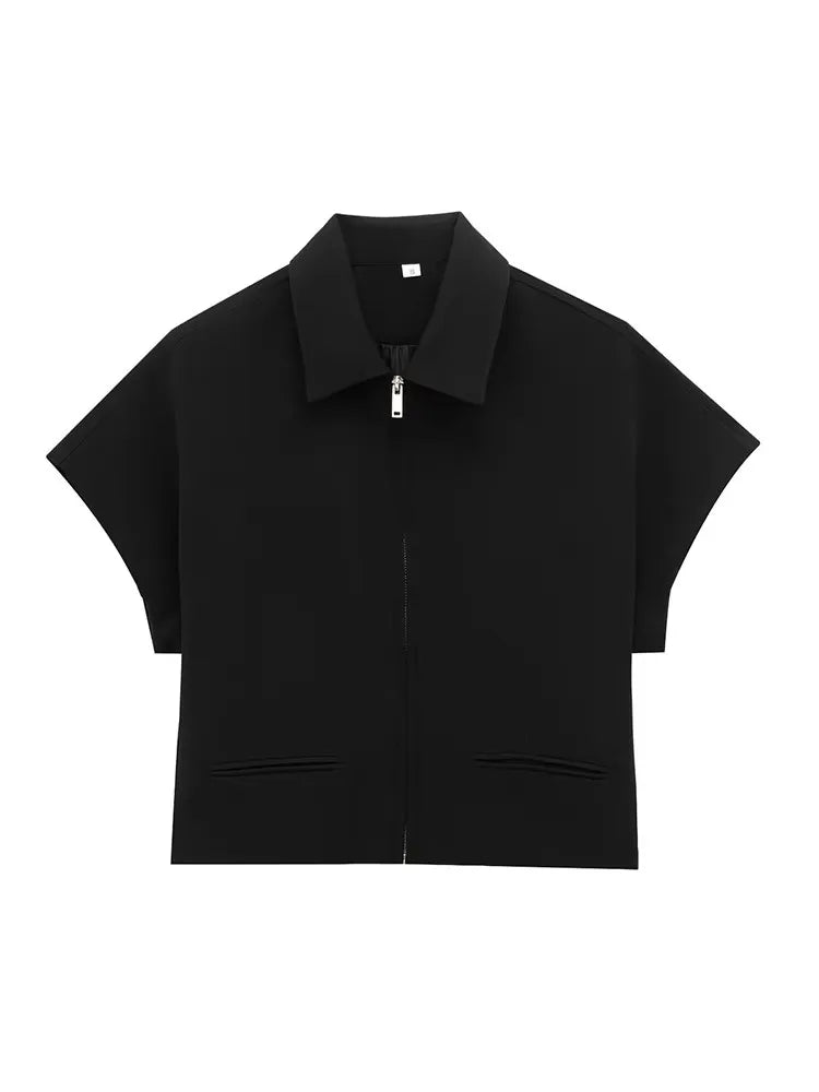 Damen zweiteiliges Set mit Oberteil mit Kragen und Reißverschluss vorne und Hose mit weitem Bein | Minimal Style