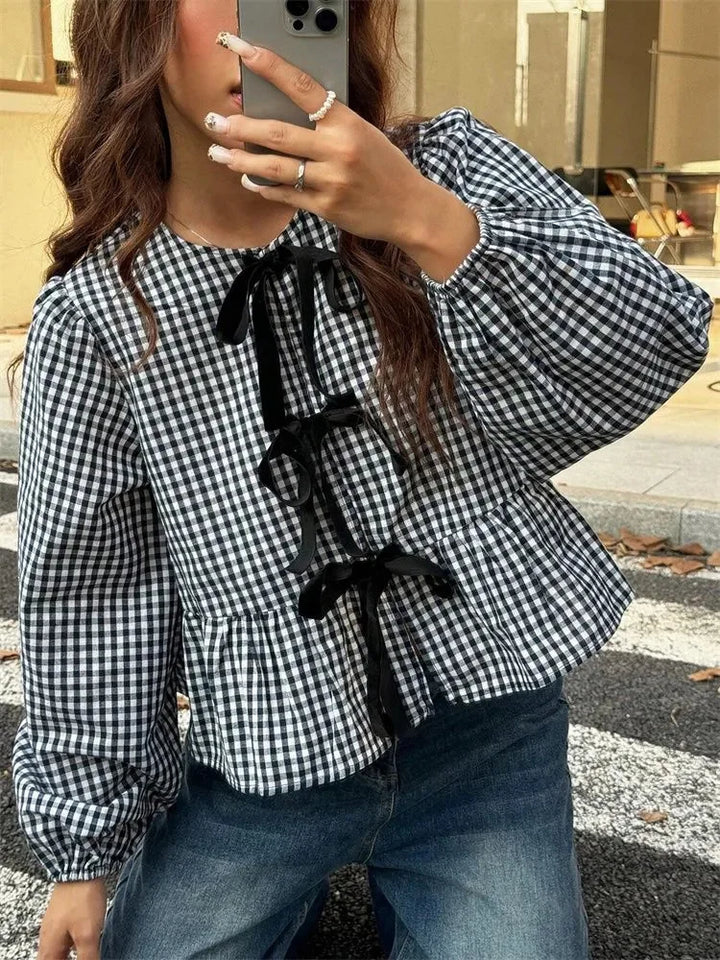 Damen Langarm Bluse mit Schleife vorne Gingham Peplum | Schleife