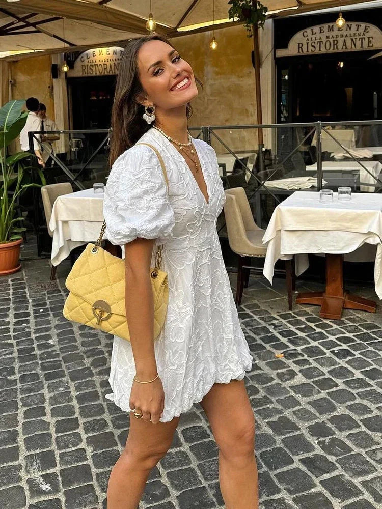 Damen Kleid mit V Ausschnitt strukturierten Puffärmeln | Mini