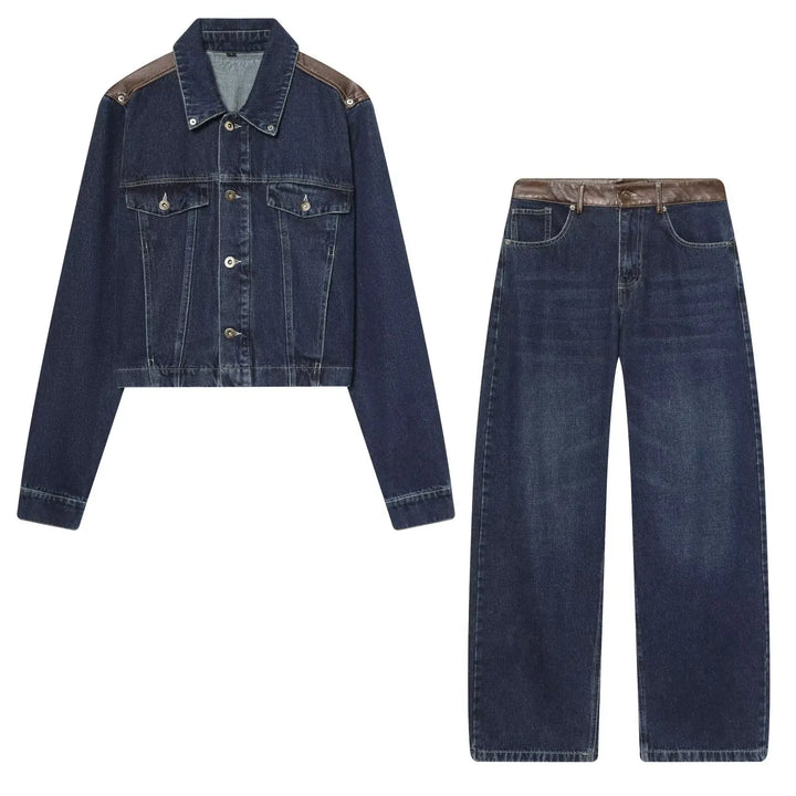 Damen Zweiteiler Set | Regular Fit Set | Cropped Jacke und Weite Jeans | Moderner Streetwear Stil