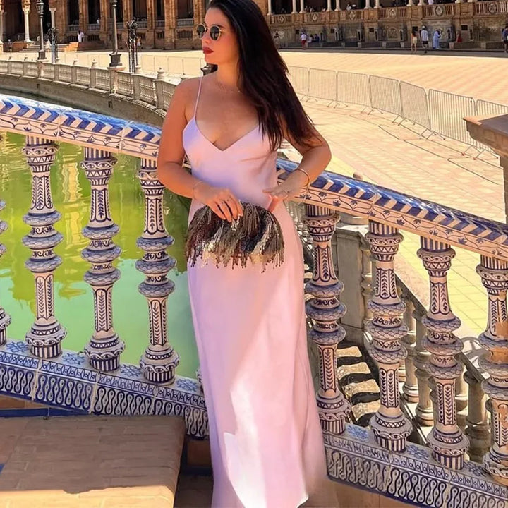 Damen Kleid Ärmellos V-Ausschnitt Rückenfrei Abendkleid | Maxi