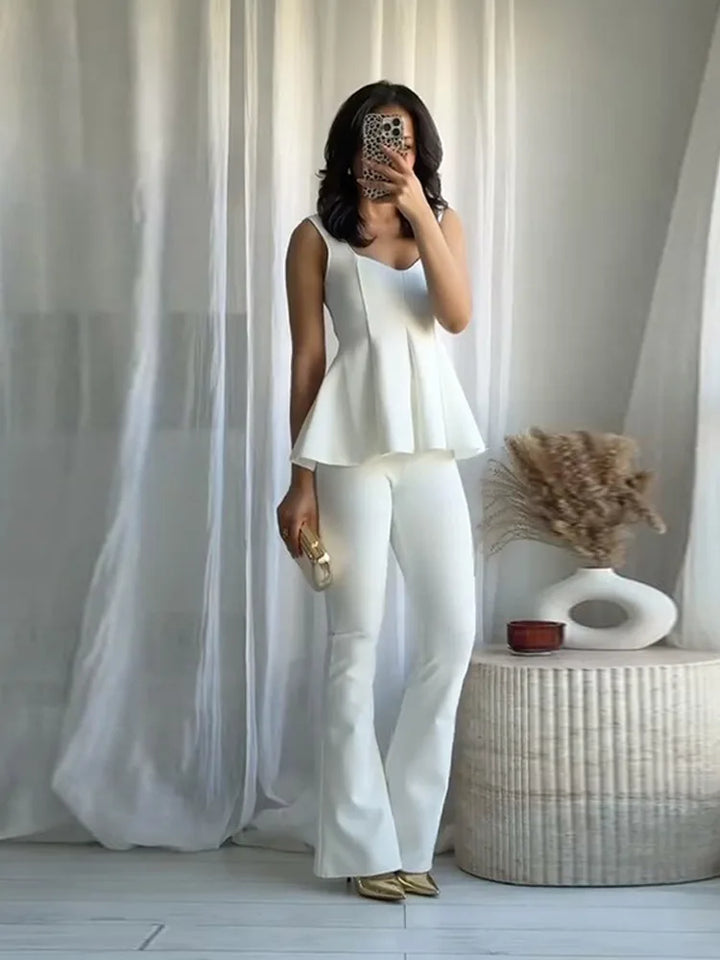 Damen zweiteiliges Set mit ärmellosem Peplum Oberteil und Hose mit weitem Bein | Fließender Stil