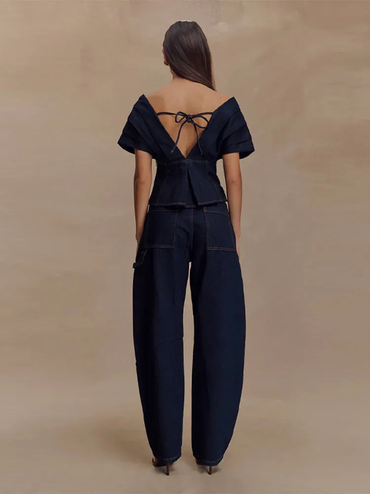 Damen Zweiteiler | Schulterfreies Peplum-Top und Hose mit Geradem Bein | Eleganter Moderner Stil