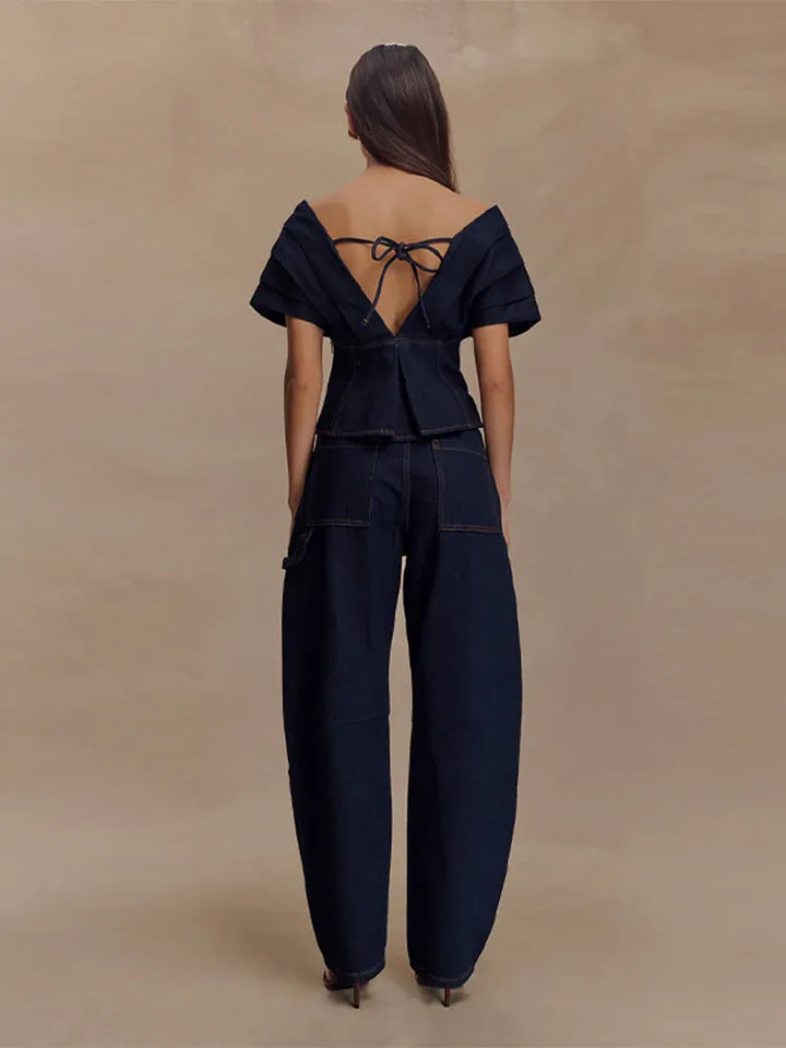 Damen Zweiteiler | Schulterfreies Peplum-Top und Hose mit Geradem Bein | Eleganter Moderner Stil