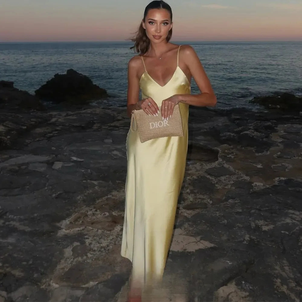 Damen Kleid Ärmellos V-Ausschnitt Rückenfrei Abendkleid | Maxi