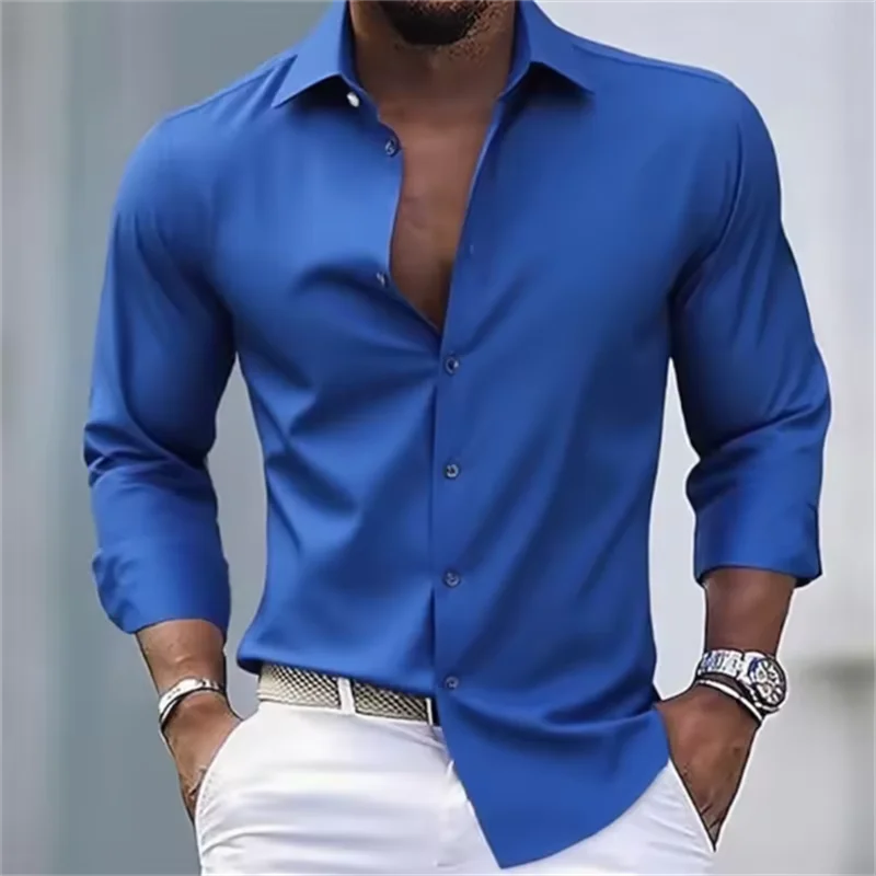 Herren Slim Fit Langarm Hemd mit Knopfleiste einfEarbig | Formal