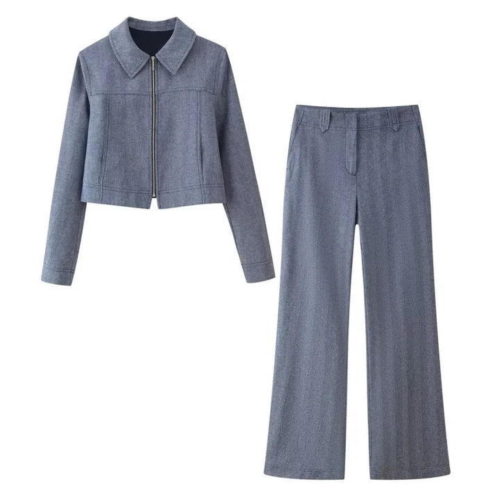 Damen Hosen Set | Zweiteiliges Outfit mit Reissverschlussjacke | Hohe Taille und Weites Bein | Eleganter Freizeitlook