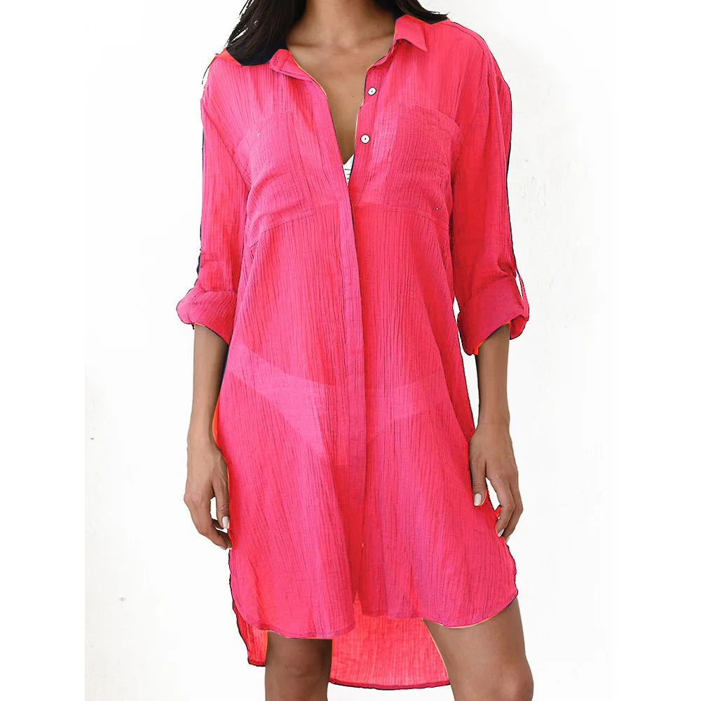 Abito camicia donna lungo con bottoni, colletto, tasche sul petto, stile spiaggia | Spiaggia