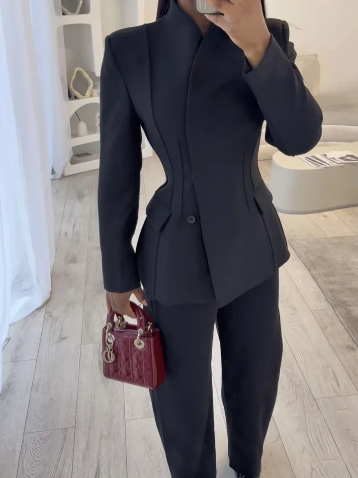 Damen zweiteiliges Set mit tailliertem Blazer und Hose mit geradem Bein | Betonte Taille
