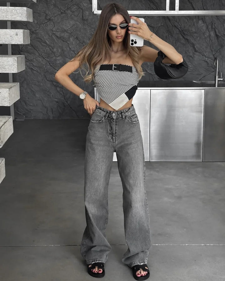 Damen High Waist Freizeithose mit weitem Bein | Gerade Passform