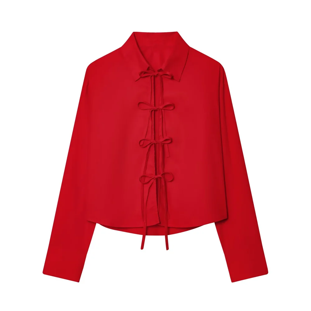 Damen Langarm Schnürung Vorne Schleife Kragen Crop Shirt | Casual