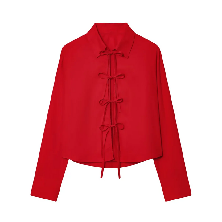 Damen Langarm Schnürung Vorne Schleife Kragen Crop Shirt | Casual