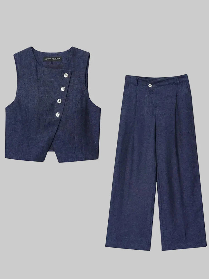 Damen Hosen Set | Zweiteiliges Outfit mit Knopfweste | Weites Bein | Eleganter Freizeitlook