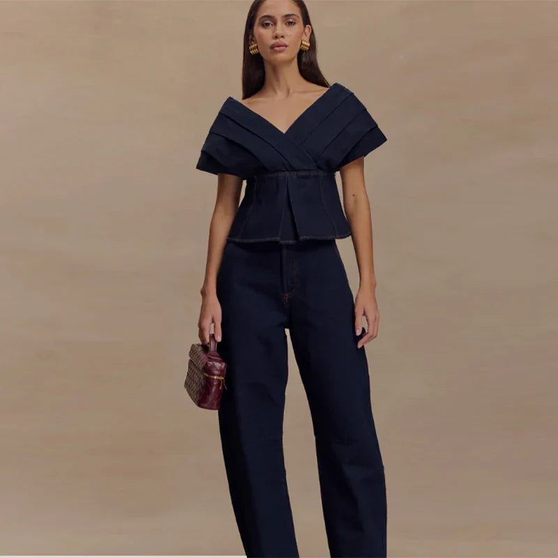 Damen Zweiteiler | Schulterfreies Peplum-Top und Hose mit Geradem Bein | Eleganter Moderner Stil