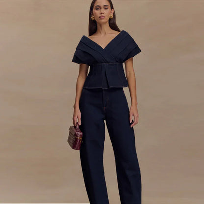 Completo donna | Top peplum senza spalle e pantaloni a gamba dritta | Stile elegante e moderno